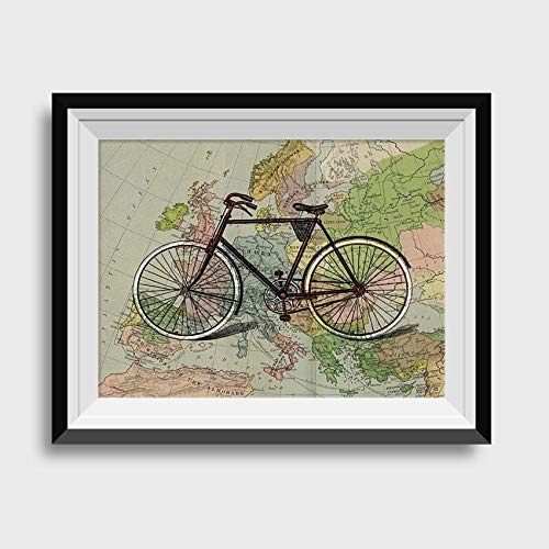 Nacnic Poster de Bici en mapa de Europa. Láminas de mapas del mundo. Decoración con mapas e imágenes vintage. Tamaño A4 con marco