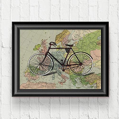 Nacnic Poster de Bici en mapa de Europa. Láminas de mapas del mundo. Decoración con mapas e imágenes vintage. Tamaño A4 con marco