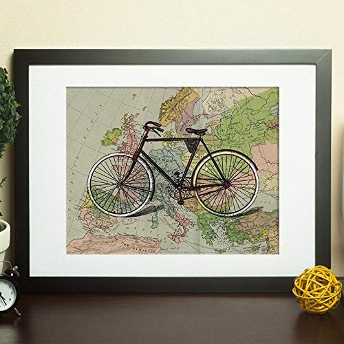 Nacnic Poster de Bici en mapa de Europa. Láminas de mapas del mundo. Decoración con mapas e imágenes vintage. Tamaño A4 con marco