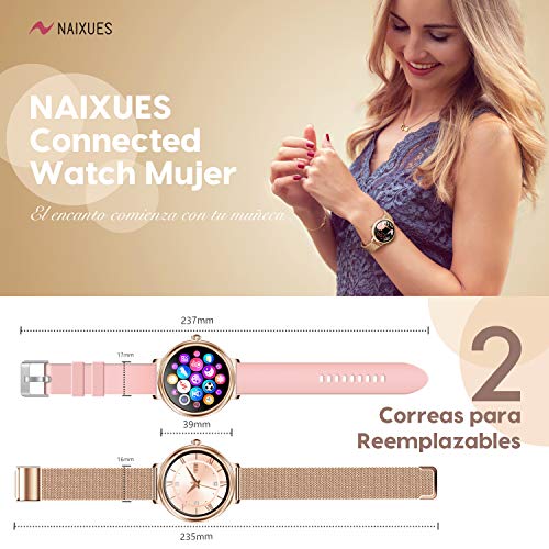 NAIXUES Smartwatch Mujer, Reloj Inteligente Impermeable 67, Monitor de Sueño y Caloría Pulsómetro, 7 Modos de Deportes, Notificaciones Inteligentes, Reloj Deportivo Mujer para Android iOS (Oro)