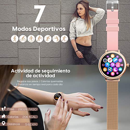 NAIXUES Smartwatch Mujer, Reloj Inteligente Impermeable 67, Monitor de Sueño y Caloría Pulsómetro, 7 Modos de Deportes, Notificaciones Inteligentes, Reloj Deportivo Mujer para Android iOS (Oro)