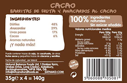 Nakd Cocoa Delight - Barritas de Fruta y Frutos Secos al Cacao - Sin Azúcar Añadido - Sin Gluten - Sin Lactosa - Vegano - Pack 18 Barritas x 35 g