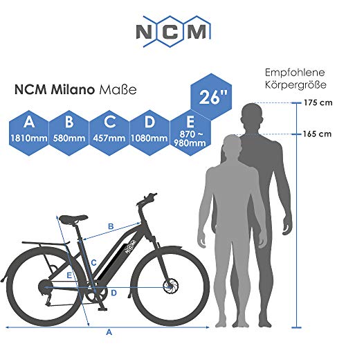 NCM Milano Bicicleta eléctrica de Trekking, 250W, Batería 48V 13Ah 624Wh (26" Negro)