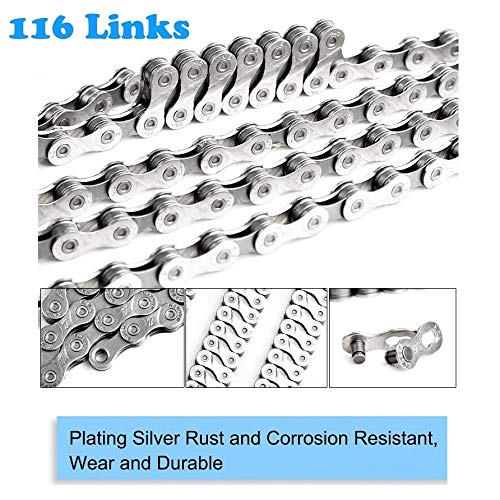 N/D Femongy Cadena de Bicicleta, Cadena Bicicleta, 9 velocidades con 116 Eslabones, Cadena para Bicicleta de Montaña o Carretera con Gancho de Cadena de alicates de Cierre mágico (Plata)