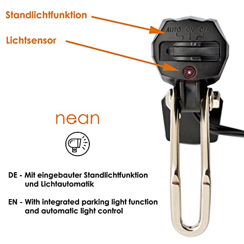 nean Faro Delantero de Dinamo para Bicicleta con luz automática, luz de estacionamiento, Reflector y homologación StVZO, 30 Lux