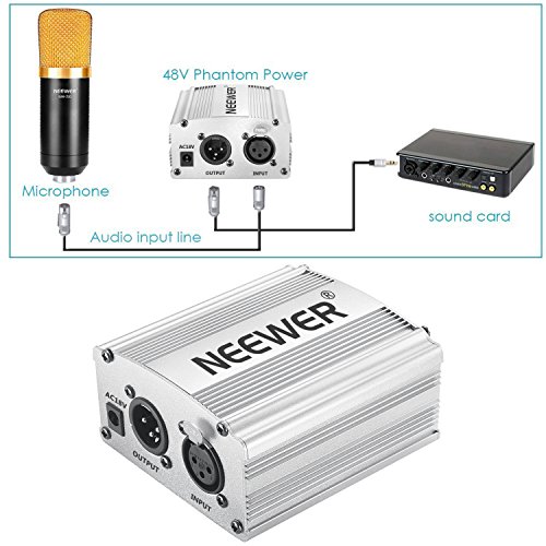 Neewer 1 Canal 48 V Phantom Fuente de alimentación de Color Plateado con Adaptador y Cable de Audio XLR para Cualquier micrófono de Condensador para música y Estudio de grabación