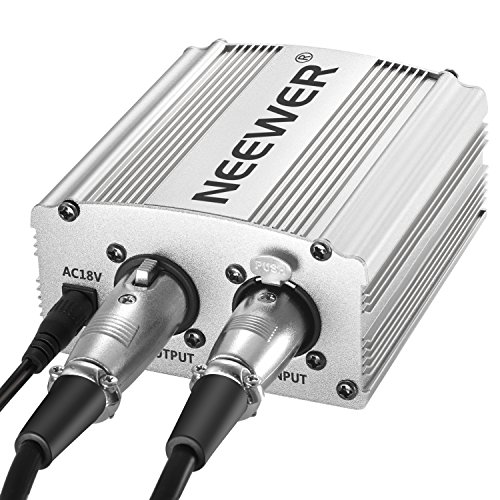 Neewer 1 Canal 48 V Phantom Fuente de alimentación de Color Plateado con Adaptador y Cable de Audio XLR para Cualquier micrófono de Condensador para música y Estudio de grabación