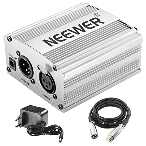 Neewer 1 Canal 48 V Phantom Fuente de alimentación de Color Plateado con Adaptador y Cable de Audio XLR para Cualquier micrófono de Condensador para música y Estudio de grabación