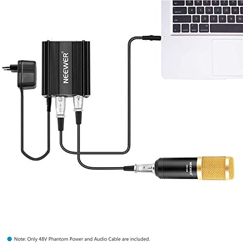 Neewer 1-Canal Phantom 48V Alimentación Suplimiento Negro con Adaptador y Cable de Audio XLR para Caulquier Micrófono Condensador Músico Equipo de Grabación