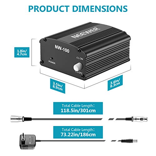 Neewer 1-Canal Phantom 48V Alimentación Suplimiento Negro con Adaptador y Cable de Audio XLR para Caulquier Micrófono Condensador Músico Equipo de Grabación