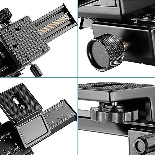 Neewer Enfoque Macro Foco Deslizante a 4 Vías para Disparo en Primer Plano para Cámara DSLR Canon Nikon Pentax Olympus Sony Samsung y Otras DSLR y DC con Agujero Tornillo Estándar 1/4"