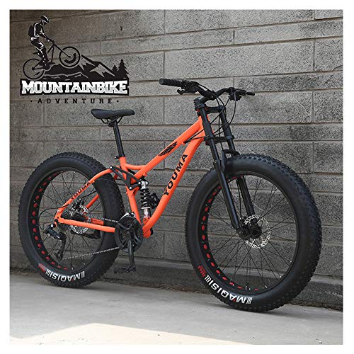 NENGGE Bicicleta BTT 26 Pulgadas Neumático Gordo para Adulto Hombre Mujer, Doble Suspensión Bicicleta Montaña con Freno Disco, Profesional Fibra de Carbono MTB Ciclismo,Naranja,24 Speed