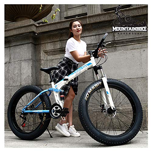 NENGGE Bicicleta Montaña Profesional Doble Suspensión para Hombre Mujer, Adulto Plegable Bicicleta BTT con Freno Disco & Neumático Gordo, Marco Acero Alto Carbono MTB,Azul,26 Inch 7 Speed