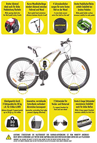 NEPTUN Soporte de Pared Ancho Para Bicicleta con Apertura Ancha y 2 Ángulos de Apoyo | Especialmente para Pedales más Cortos