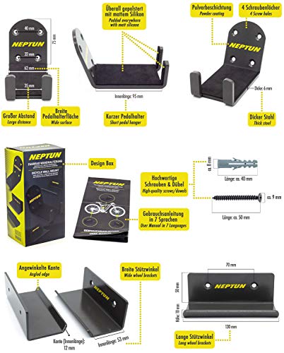 NEPTUN Soporte de Pared Ancho Para Bicicleta con Apertura Ancha y 2 Ángulos de Apoyo | Especialmente para Pedales más Cortos