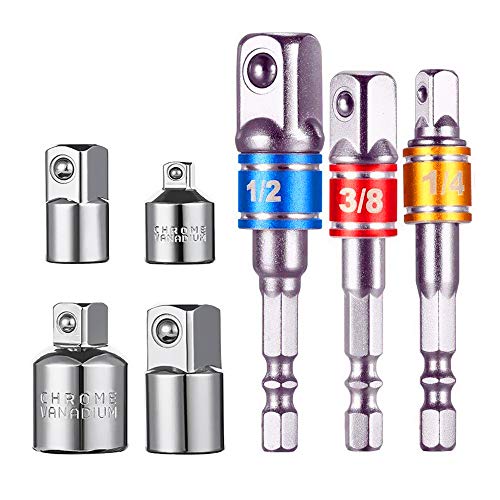 Newder Adaptador para Llave de Carraca, Juego de 4 Pzas Adaptadores de 1/4", 3/8", 1/2" +Set con 3 Pzas de Color Aluminio adaptadores 1/4" hex-1/4-3/8" 1/2" Llave de Vaso