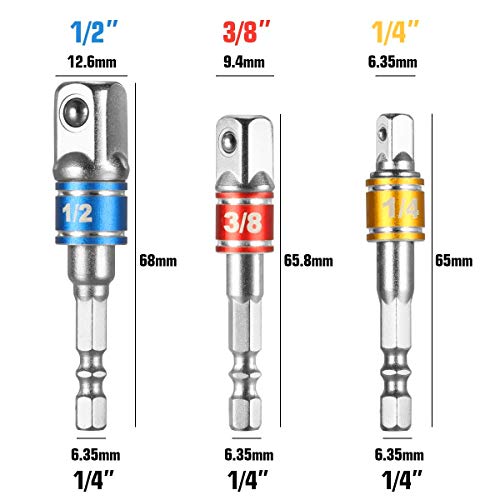 Newder Adaptador para Llave de Carraca, Juego de 4 Pzas Adaptadores de 1/4", 3/8", 1/2" +Set con 3 Pzas de Color Aluminio adaptadores 1/4" hex-1/4-3/8" 1/2" Llave de Vaso