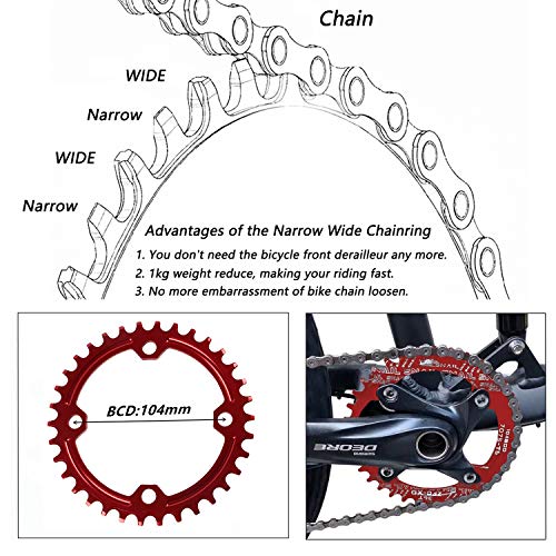 Newgoal BCD104 eslabón de Cadena Simple Estrecho y Ancho, Plato de manivela, Corona Ancha y Estrecha, 32T / 34T / 36, Piezas de reparación para Exteriores de Bicicleta de montaña, Rojo 36T