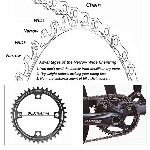 Newgoal Bicicleta Narrow Wide Plato 104 BCD Forma Redonda Sola Cadena Anillo Dientes，32T/34T/36T Bicicleta Solo Plato ，Negro 32T