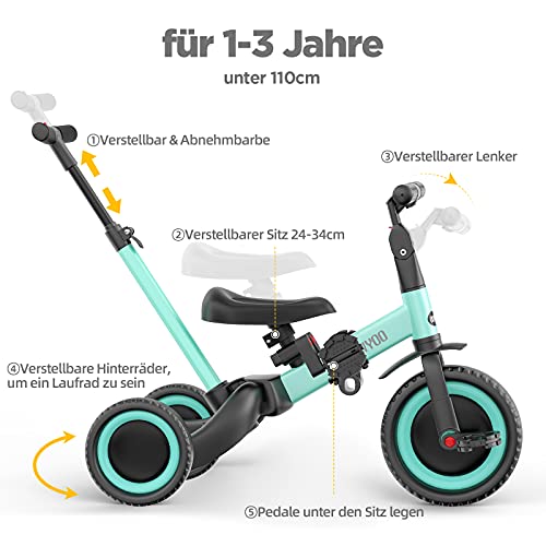 newyoo Triciclo 4 en 1 para niños y niñas de 1,2,3 años con pedales desmontables, asiento ajustable y mango (azul)