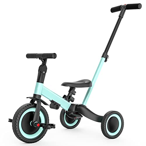 newyoo Triciclo 4 en 1 para niños y niñas de 1,2,3 años con pedales desmontables, asiento ajustable y mango (azul)