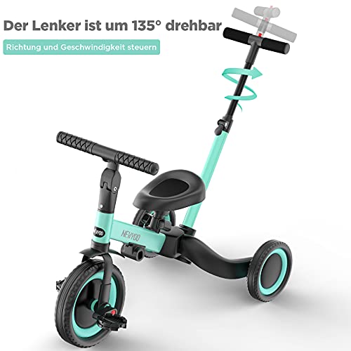 newyoo Triciclo 4 en 1 para niños y niñas de 1,2,3 años con pedales desmontables, asiento ajustable y mango (azul)