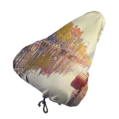 Nicokee Old European City Landscape Bike Seat Cover Amsterdam Países Bajos Sunset River Town House Sillín de bicicleta para hombres mujeres