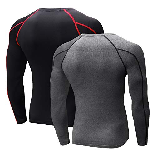 Niksa 2 Piezas Camisetas de Fitness Compresión Ropa Deportiva Manga Larga Hombre para Correr, Ejercicio,Gimnasio 1059 (Large(Fit Chest 37"-39"), (Manga Larga) Gris Negro+Negro Rojo)