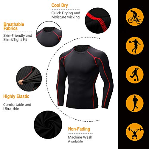 Niksa 2 Piezas Camisetas de Fitness Compresión Ropa Deportiva Manga Larga Hombre para Correr, Ejercicio,Gimnasio 1059 (Large(Fit Chest 37"-39"), (Manga Larga) Gris Negro+Negro Rojo)