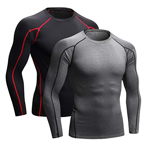 Niksa 2 Piezas Camisetas de Fitness Compresión Ropa Deportiva Manga Larga Hombre para Correr, Ejercicio,Gimnasio 1059 (Large(Fit Chest 37"-39"), (Manga Larga) Gris Negro+Negro Rojo)