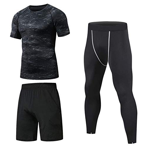 Niksa 3 Piezas Conjunto de Compresion Hombre, Camisetas Compression Mallas Running Pantalon Corto Deporte Ropa Deportiva Hombre para Running Correr Gym Fitness