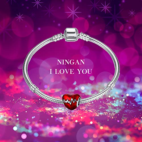 NINGAN Abalorio para colgar inspirado en los latidos de un corazón, fabricado con Plata de ley 925, compatible con pulseras y pulseras europeas