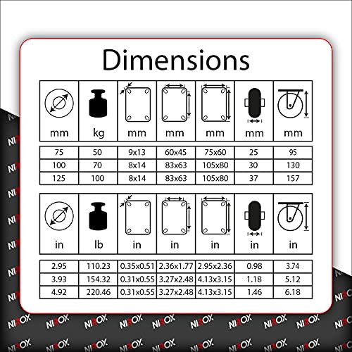 Nirox Juego de 4 Ruedas industriales 125 mm - Ruedas giratorias para cargas pesadas con freno hasta 400 kg - Ruedas para muebles para en interiores y exteriores - Ruedas pivotantes altura 157 mm