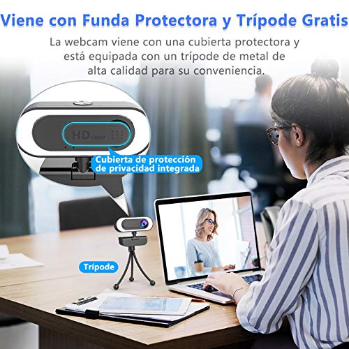 NIYPS Webcam PC con Microfono y Anillo de Luz, Camara Web 1080p con Tapa y Tripode para Ordenador/Portatil/Mac, Web CAM para Youtube, Skype, Zoom, Xbox One, Videoconferencia y Videollamadas