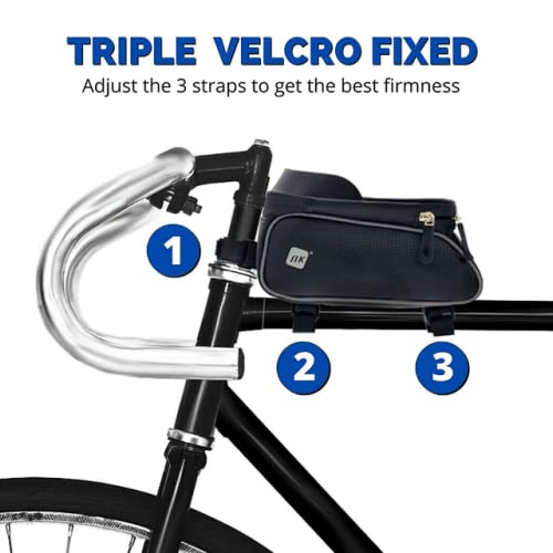 NK Bolsa Bicicleta Manillar - Bolsa Almacenaje para Bici con Soporte para Teléfono, Impermeable, Ventana Táctil para Pantalla hasta 7", Bolsillo Almacenaje, Resistente al Sol, Ranura para Auriculares