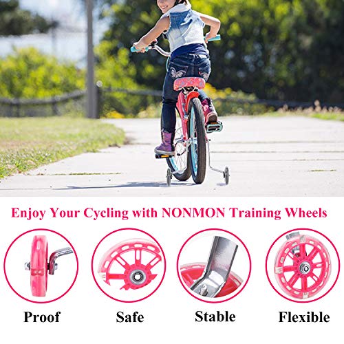 NONMON Ruedines Entrenamiento Accesorio para Bicicleta Infantil Universal, Estabilizador Destello Ruedas d'Apoyo par Bici 12 14 16 18 20 Pulgadas, Equipo Bueno para Principiantes Niños, Rosado