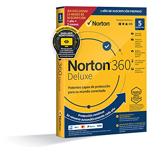 Norton 360 Deluxe 2022 - Antivirus software para 5 Dispositivos y 15 meses de suscripción con renovación automática, Secure VPN y Gestor de contraseñas, para PC, Mac tableta y smartphone