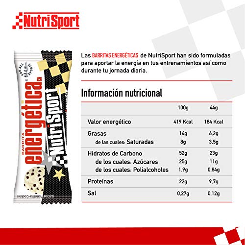 Nutrisport – Barritas Energéticas para Deportistas, Sabor Vainilla Cookies, Caja de 24 Barritas, 24x 44 gr