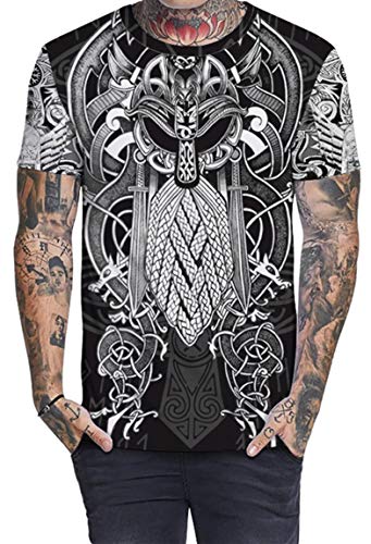 Ocean Plus Unisexo Casual Impresión 3D Deporte Hombre Camisetas de Manga Corta Mujer Partnerlook Carnaval Streetwear (XXL (Altura: 175-180 cm), Máscara vikinga)