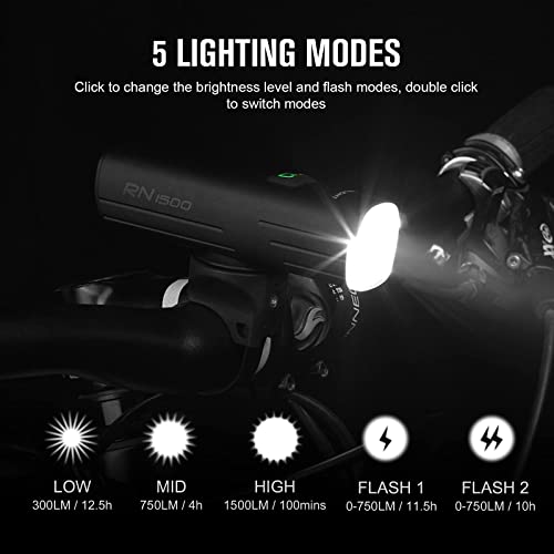 OLIGHT RN 1500 Linterna Delantera de Bicicleta Faro LED de Bici da 1500 Lúmenes Luz Bicicleta Delantera con Batería 5000mAh, IPX 7,Lámpara de MTB Impermeable y Recargable con USB Cable