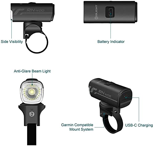 OLIGHT RN 400 LED Luz de Bicicleta Delantera de 400 Lúmenes, 89 Metros MAX. Faro Delantero Bici Recargable con USB-C,IPX 7 Impermeable Linterna de Emergencia para Ciclismo Carretera Montaña MTB