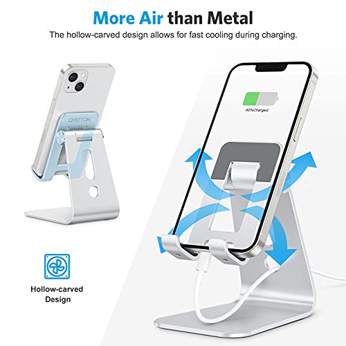 OMOTON Soporte Móvil Mesa, Multiángulo Soporte Teléfono de Aluminio Más Grande y Ajustable para iPhone 13/12//12 Pro MAX/ SE, Xiaomi, Redmi 9S, Samsung, Huawei, Goole Pixel y Más Smartphones-Plata