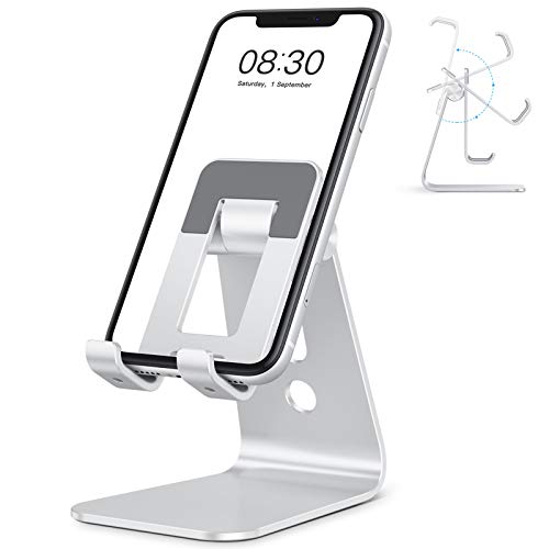 OMOTON Soporte Móvil Mesa, Multiángulo Soporte Teléfono de Aluminio Más Grande y Ajustable para iPhone 13/12//12 Pro MAX/ SE, Xiaomi, Redmi 9S, Samsung, Huawei, Goole Pixel y Más Smartphones-Plata