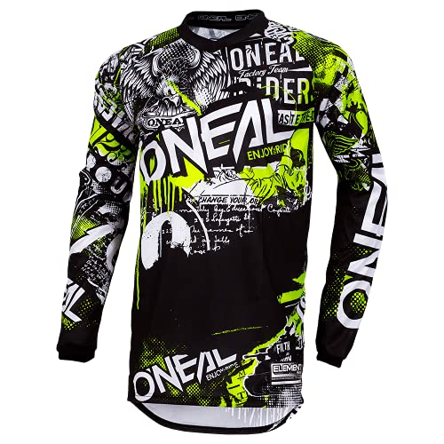 O'Neal, Camisa de Motocross Manga Larga, MX MTB, Ajustes para el máximo Rango de Movimiento, protección Cosida en el Codo, Element Youth Jersey Attack, Niños, Negro Neón Amarillo, Talla M (0006-803)