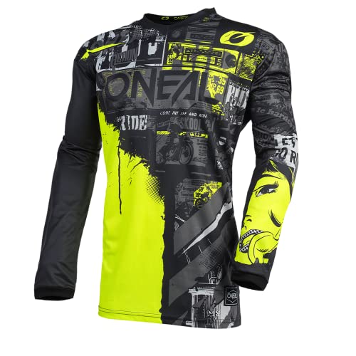 O'Neal | Camiseta de Motocross Manga Larga | MX Enduro | Protección Acolchada para los Codos, Cuello en V, Transpirable | Camiseta Element Ride para Hombres | Adultos | Negro Amarillo Neón | Talla XL