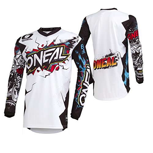 O'Neal, Camiseta de Motocross Manga Larga, MX MTB Mountainbike, Protección para los Codos cosidos, Cuello en V, Material Transpirable, Element Youth Jersey Villain, Niños, Blanco, Talla L (002E-94S)