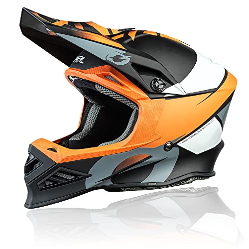 O'NEAL | Casco de Motocross | MX Enduro Motocicleta | Airflaps™ Compatible, Forro Acolchado Coolmax, Cierre de Seguridad Doble-D | F-SRS Helmet Glitch | Adultos | Naranja Negra | Talla L