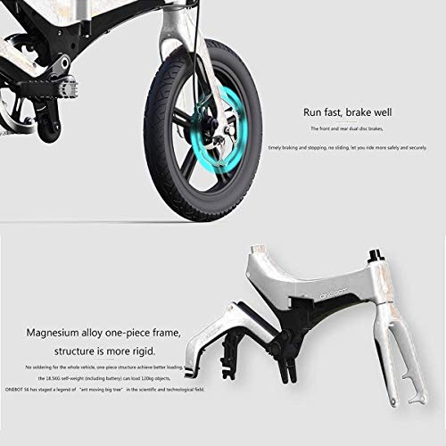 onebot Bicicleta eléctrica Plegable S-6 (Blanca)| autonomía 40KM, batería 36V 5.2AH Vel. MAX. 25Kmh| Ruedas de 16” Pulgadas, suspensión Trasera y Discos de Freno | Panel LCD y luz LED.