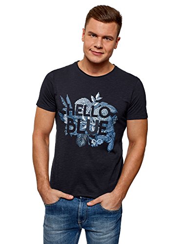 oodji Ultra Hombre Camiseta de Algodón con Estampado, Azul, ES 56 / XL