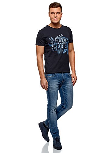 oodji Ultra Hombre Camiseta de Algodón con Estampado, Azul, ES 56 / XL